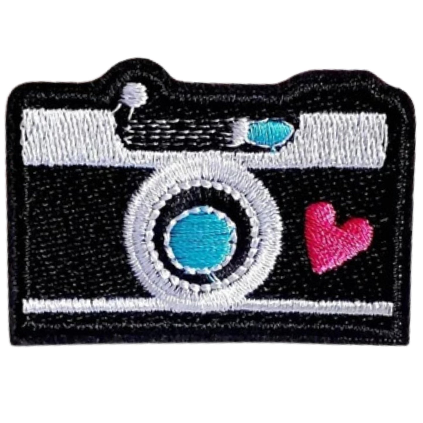 Camera with Tiny Pink Heart Embroidery Iron-On Patches for Clothing Sew-On Applique for DIY Crafts Denim Jackets Jeans Backpacks