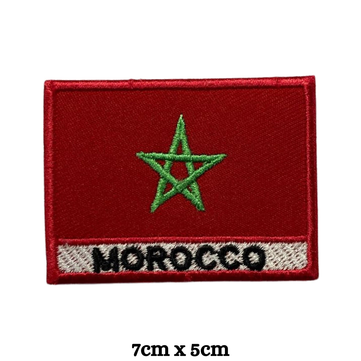 Morocco Flag Embroidered Patches, Iron-On/Sew-On Applique, Shield, Round, Heart and Rectangle Flag Badges for Jackets, Bags, Uniforms, Various Sizes