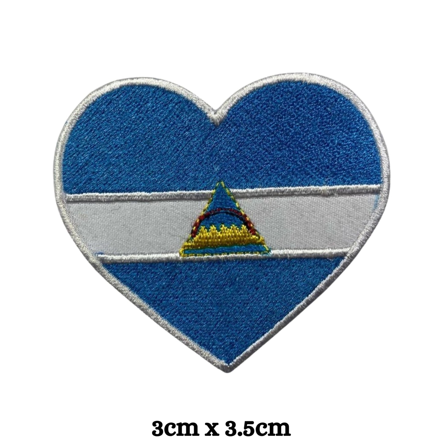 Nicaragua Flag Embroidered Patch Set, Iron-On or Sew-On Applique Badges, Rectangle Shield Round Heart Shapes, for Jackets, Backpacks, Hats, Uniforms and Various Sizes