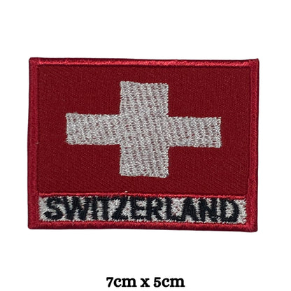 BeBuz Switzerland Flag Embroidered Patches, Iron-On/Sew-On Applique, Shield, Round, Heart and Rectangle Flag Badges for Jackets, Bags, Uniforms, Various Sizes