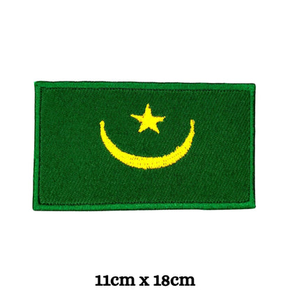 Mauritania Flag Embroidered Patch Set, Iron-On or Sew-On Applique Badges, Rectangle Shield Round Heart Shapes, for Jackets, Backpacks, Hats, Uniforms and Various Sizes