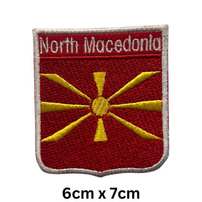 North Macedonia Flag Embroidered Patch Set, Iron-On or Sew-On Applique Badges, Rectangle Shield Round Heart Shapes, for Jackets, Backpacks, Hats, Uniforms and Various Sizes