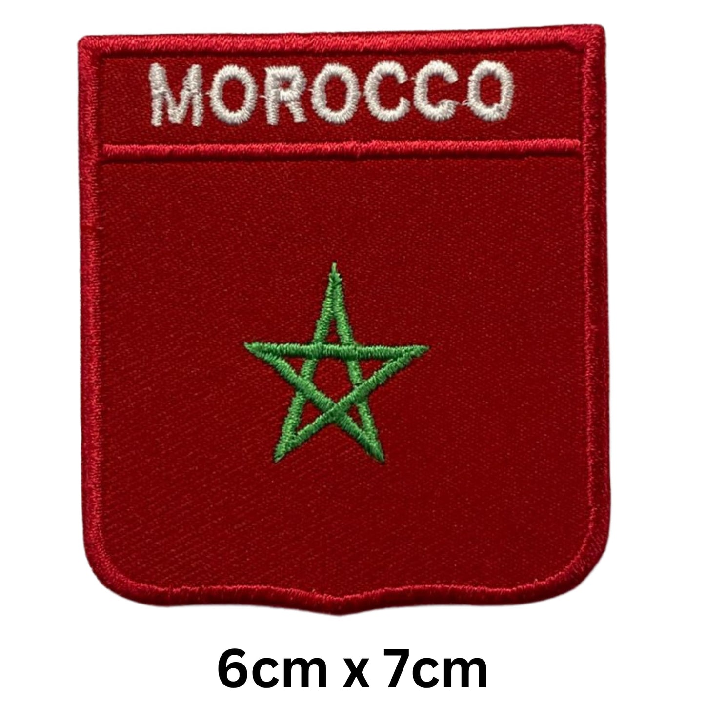 Morocco Flag Embroidered Patches, Iron-On/Sew-On Applique, Shield, Round, Heart and Rectangle Flag Badges for Jackets, Bags, Uniforms, Various Sizes