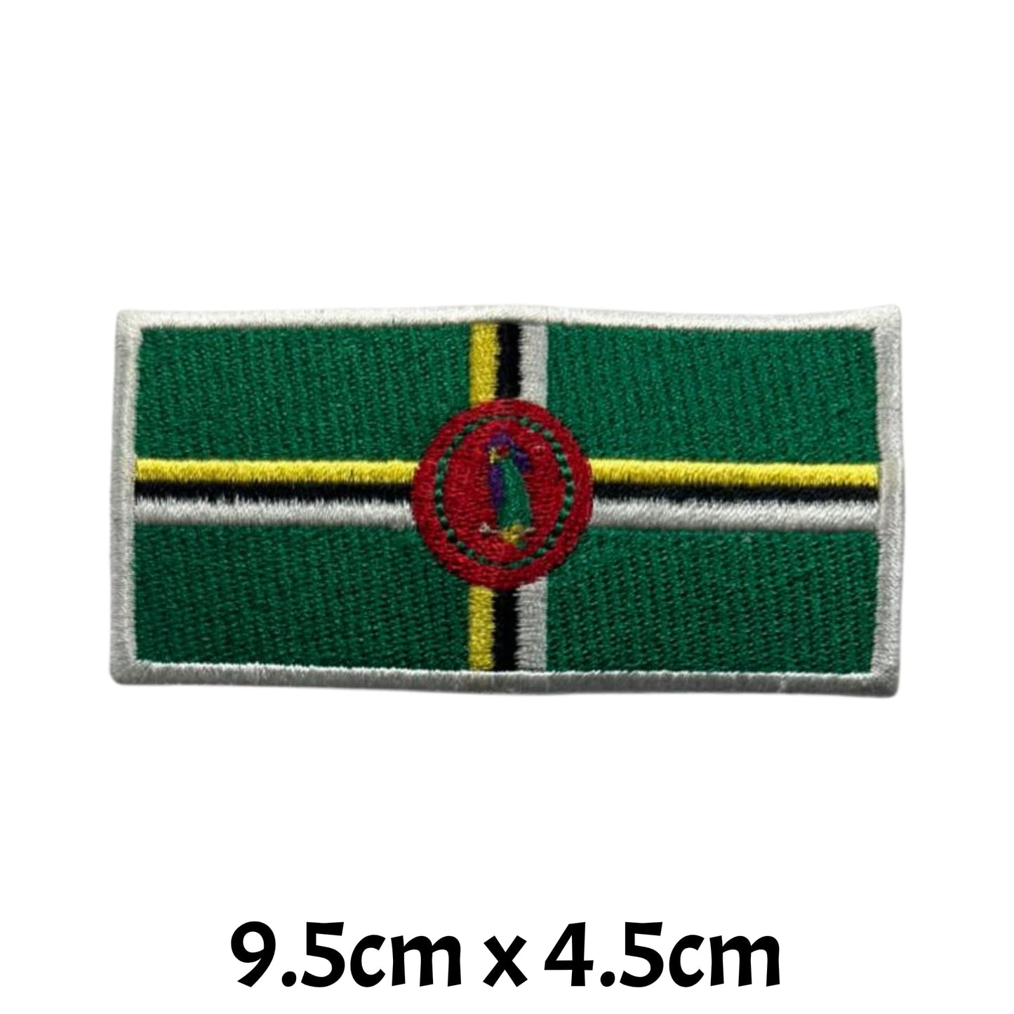 Dominica Flag Embroidered Patch Set, Iron-On or Sew-On Applique Badges, Rectangle Shield Round Heart Shapes, for Jackets, Backpacks, Hats, Uniforms and Various Sizes