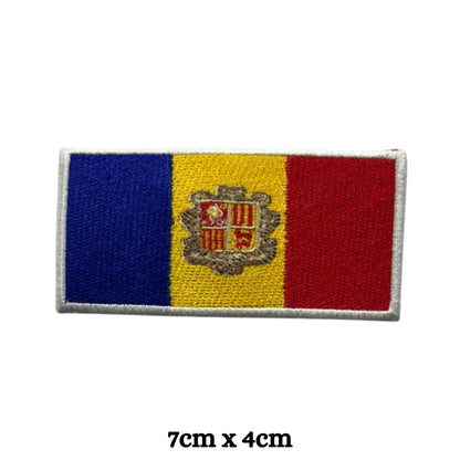 Andorra Flag Embroidered Patches, Iron-On/Sew-On Applique, Shield, Round, Heart and Rectangle Flag Badges for Jackets, Bags, Uniforms, Various Sizes