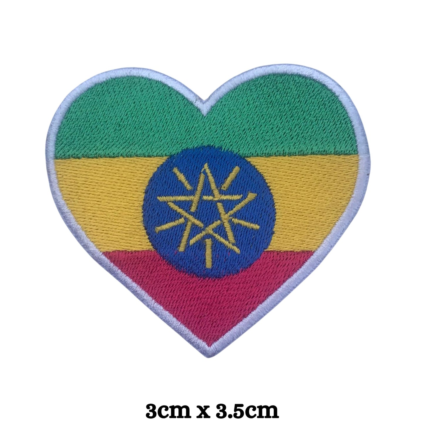 Ethiopia Flag Embroidered Patch Set, Iron-On or Sew-On Applique Badges, Rectangle Shield Round Heart Shapes, for Jackets, Backpacks, Hats, Uniforms and Various Sizes