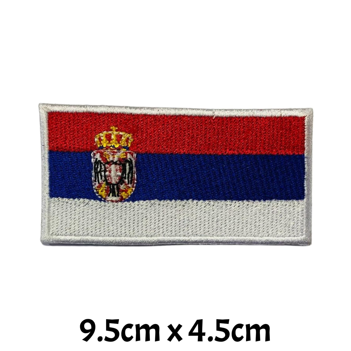 Serbia Flag Embroidered Patch Set, Iron-On or Sew-On Applique Badges, Rectangle Shield Round Heart Shapes, for Jackets, Backpacks, Hats, Uniforms and Various Sizes