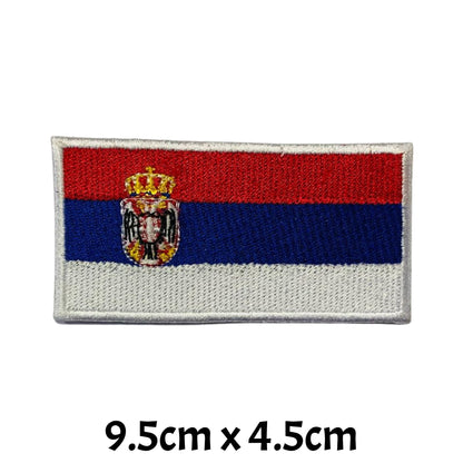 Serbia Flag Embroidered Patch Set, Iron-On or Sew-On Applique Badges, Rectangle Shield Round Heart Shapes, for Jackets, Backpacks, Hats, Uniforms and Various Sizes