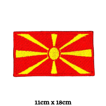 North Macedonia Flag Embroidered Patch Set, Iron-On or Sew-On Applique Badges, Rectangle Shield Round Heart Shapes, for Jackets, Backpacks, Hats, Uniforms and Various Sizes