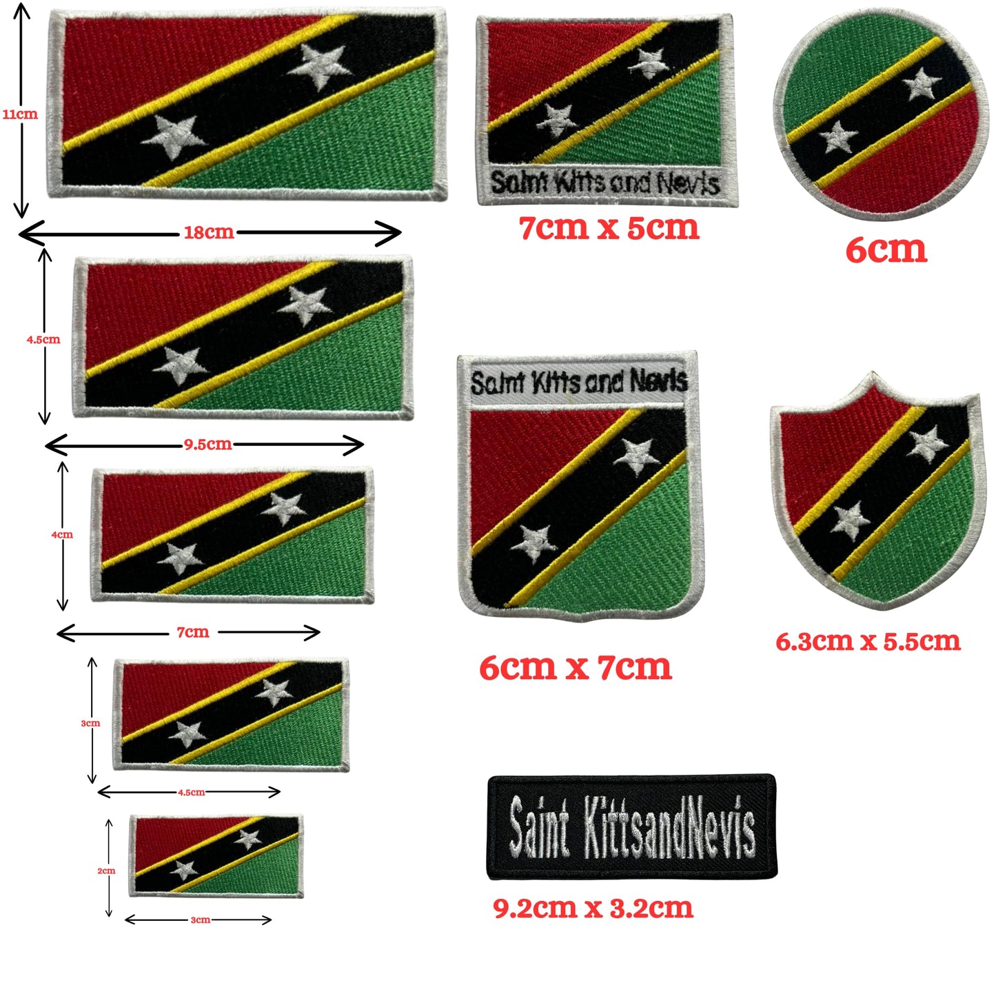 Saint Kitts and Nevis Flag Embroidered Patch Set, Iron-On or Sew-On Applique Badges, Rectangle Shield Round Heart Shapes, for Jackets, Backpacks, Hats, Uniforms and Various Sizes