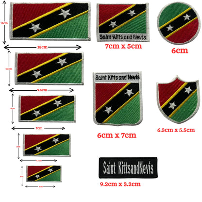 Saint Kitts and Nevis Flag Embroidered Patch Set, Iron-On or Sew-On Applique Badges, Rectangle Shield Round Heart Shapes, for Jackets, Backpacks, Hats, Uniforms and Various Sizes