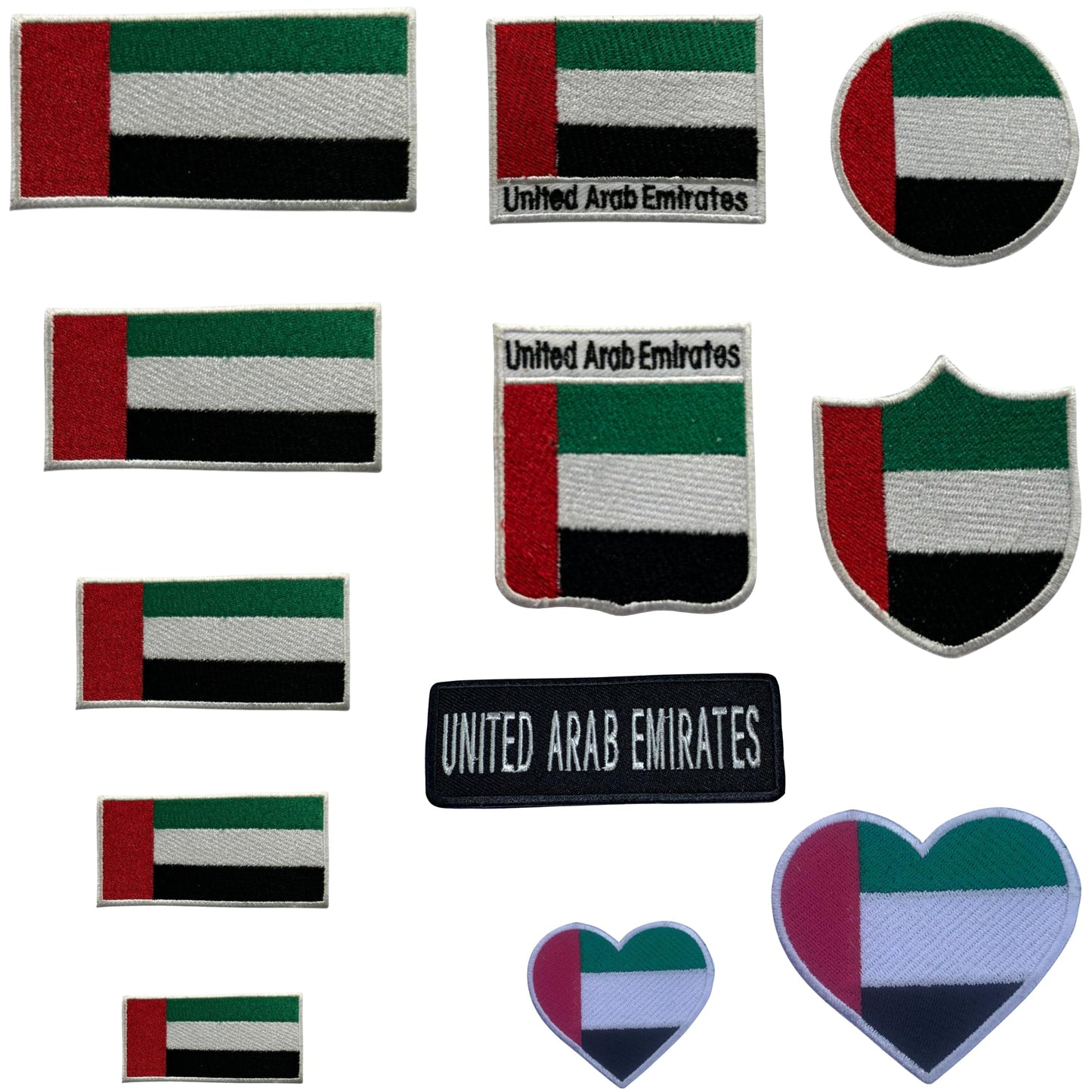 Unied Arab Emirates Flag Embroidered Patch Set, Iron-On or Sew-On Applique Badges, Rectangle Shield Round Heart Shapes, for Jackets, Backpacks, Hats, Uniforms and Various Sizes