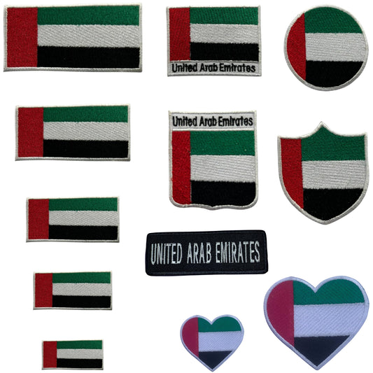 Unied Arab Emirates Flag Embroidered Patch Set, Iron-On or Sew-On Applique Badges, Rectangle Shield Round Heart Shapes, for Jackets, Backpacks, Hats, Uniforms and Various Sizes