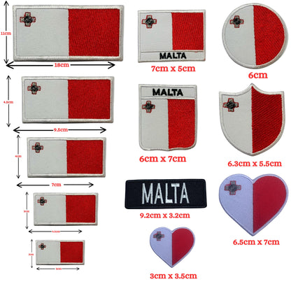 Malta Flag Embroidered Patch Set, Iron-On or Sew-On Applique Badges, Rectangle Shield Round Heart Shapes, for Jackets, Backpacks, Hats, Uniforms and Various Sizes