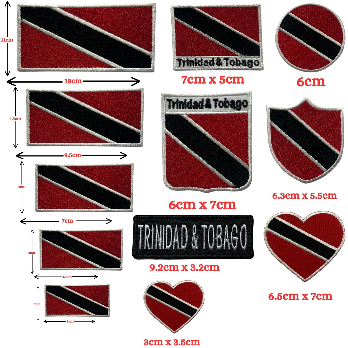 Trinidad and Tobago Flag Embroidered Patch Set, Iron-On or Sew-On Applique Badges, Rectangle Shield Round Heart Shapes, for Jackets, Backpacks, Hats, Uniforms and Various Sizes