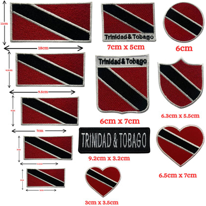 Trinidad and Tobago Flag Embroidered Patch Set, Iron-On or Sew-On Applique Badges, Rectangle Shield Round Heart Shapes, for Jackets, Backpacks, Hats, Uniforms and Various Sizes