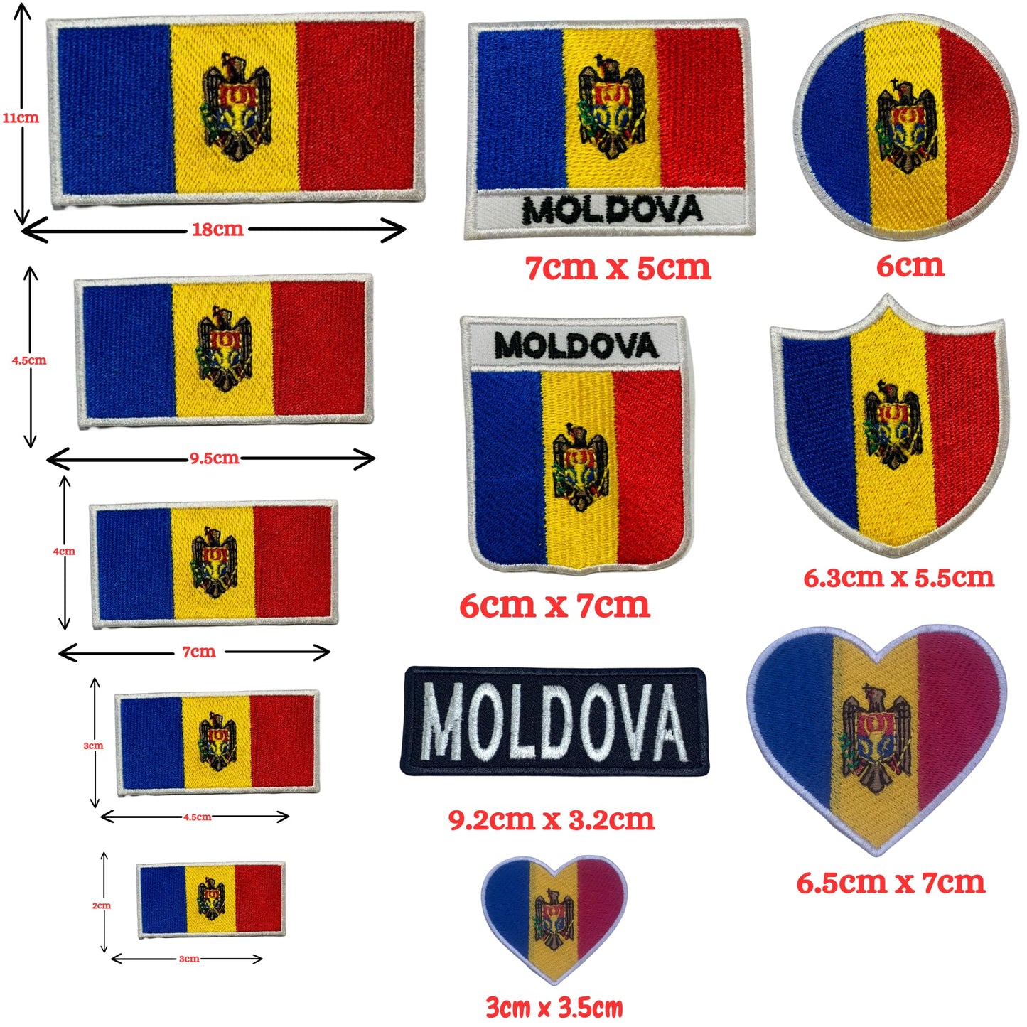 Moldova Flag Embroidered Patch Set, Iron-On or Sew-On Applique Badges, Rectangle Shield Round Heart Shapes, for Jackets, Backpacks, Hats, Uniforms and Various Sizes