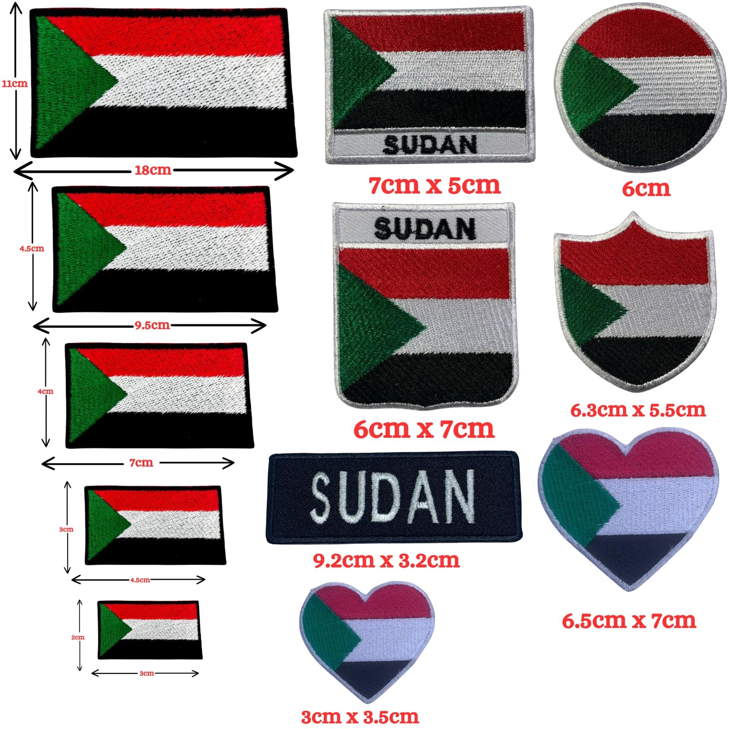 Sudan Flag Embroidered Patch Set, Iron-On or Sew-On Applique Badges, Rectangle Shield Round Heart Shapes, for Jackets, Backpacks, Hats, Uniforms and Various Sizes
