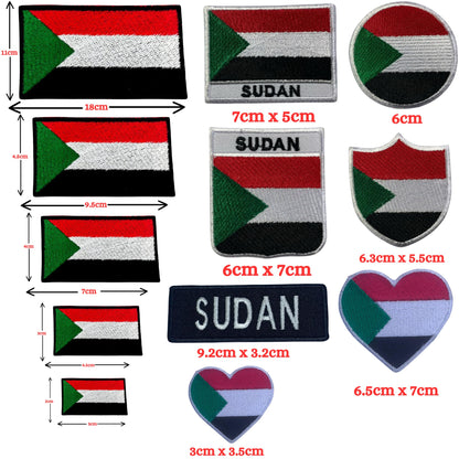 Sudan Flag Embroidered Patch Set, Iron-On or Sew-On Applique Badges, Rectangle Shield Round Heart Shapes, for Jackets, Backpacks, Hats, Uniforms and Various Sizes