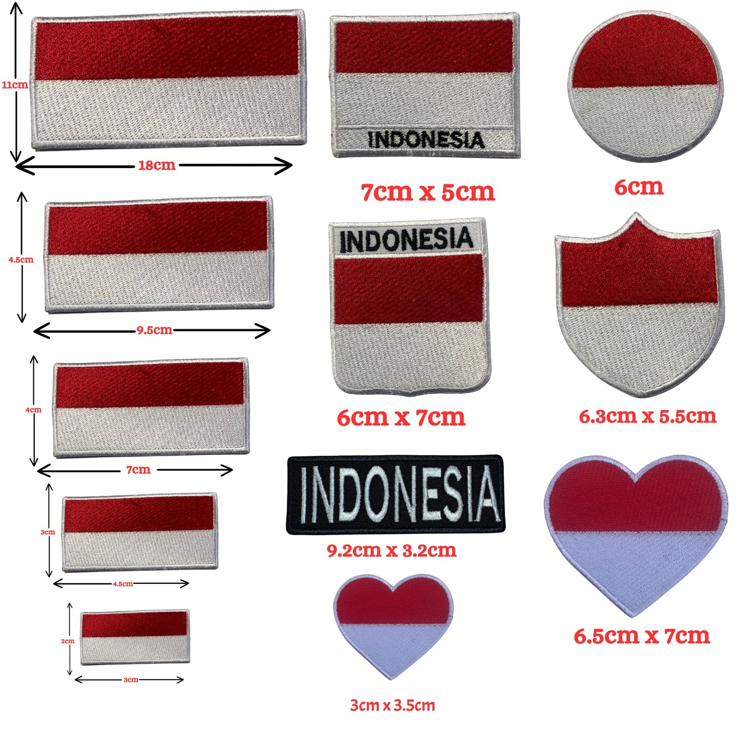 Indonesia Flag Embroidered Patch Set, Iron-On or Sew-On Applique Badges, Rectangle Shield Round Heart Shapes, for Jackets, Backpacks, Hats, Uniforms and Various Sizes