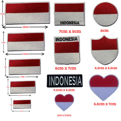 Indonesia Flag Embroidered Patch Set, Iron-On or Sew-On Applique Badges, Rectangle Shield Round Heart Shapes, for Jackets, Backpacks, Hats, Uniforms and Various Sizes