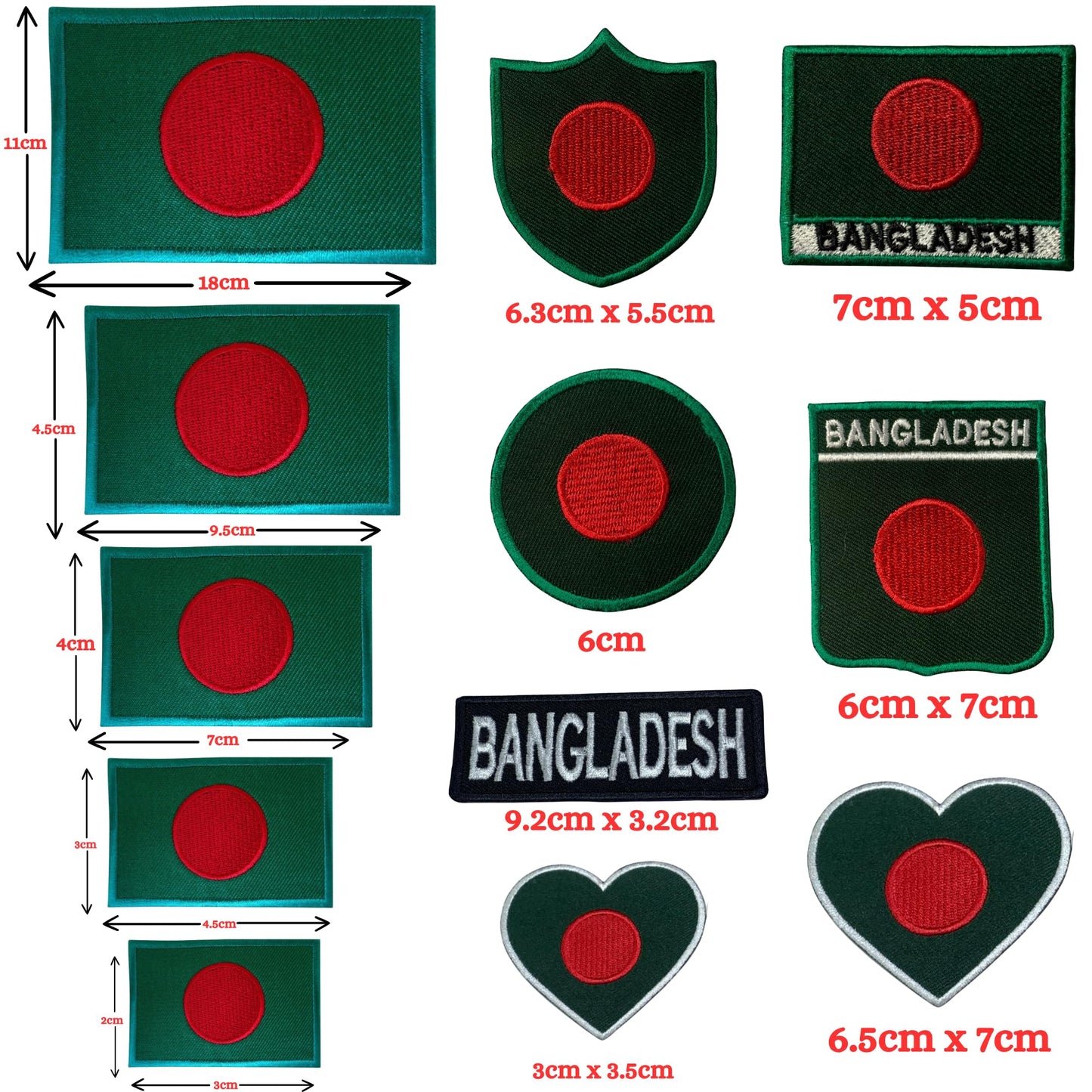 Bangladesh Flag Embroidered Patches, Iron-On/Sew-On Applique, Shield, Round, Heart and Rectangle Flag Badges for Jackets, Bags, Uniforms, Various Sizes