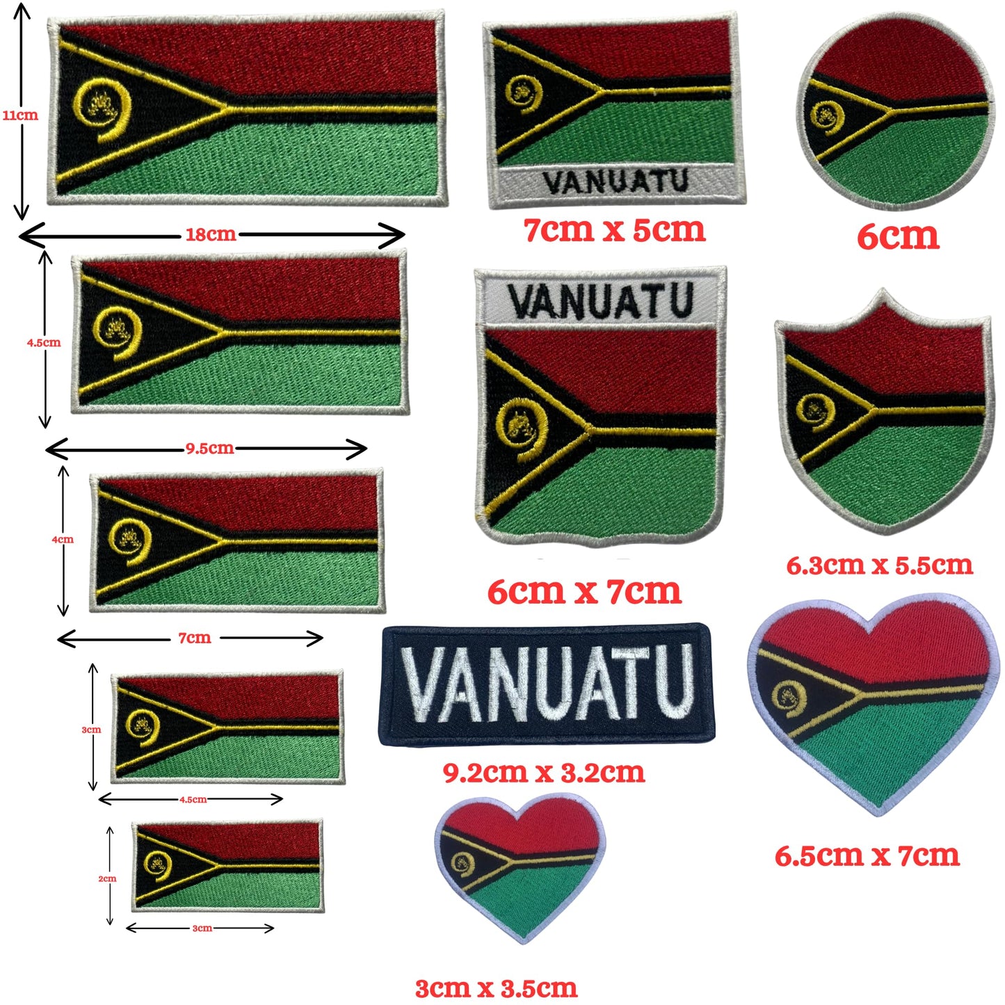 Vanuatu Flag Embroidered Patch Set, Iron-On or Sew-On Applique Badges, Rectangle Shield Round Heart Shapes, for Jackets, Backpacks, Hats, Uniforms and Various Sizes