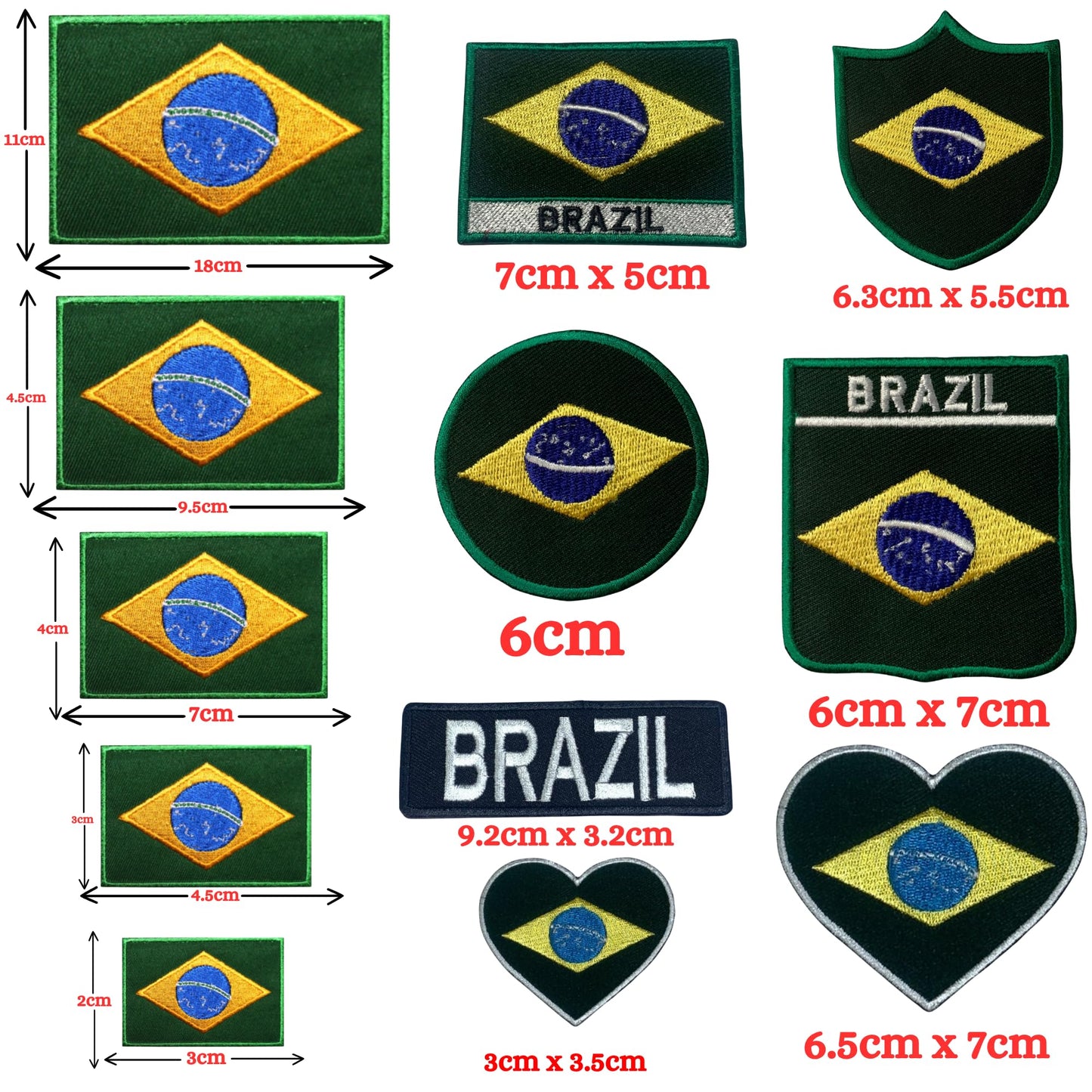 Brazil Flag Embroidered Patches, Iron-On/Sew-On Applique, Shield, Round, Heart and Rectangle Flag Badges for Jackets, Bags, Uniforms, Various Sizes