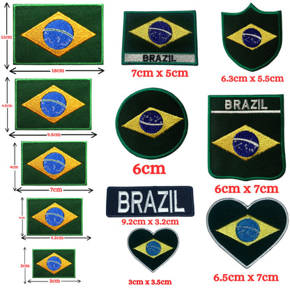 Brazil Flag Embroidered Patches, Iron-On/Sew-On Applique, Shield, Round, Heart and Rectangle Flag Badges for Jackets, Bags, Uniforms, Various Sizes