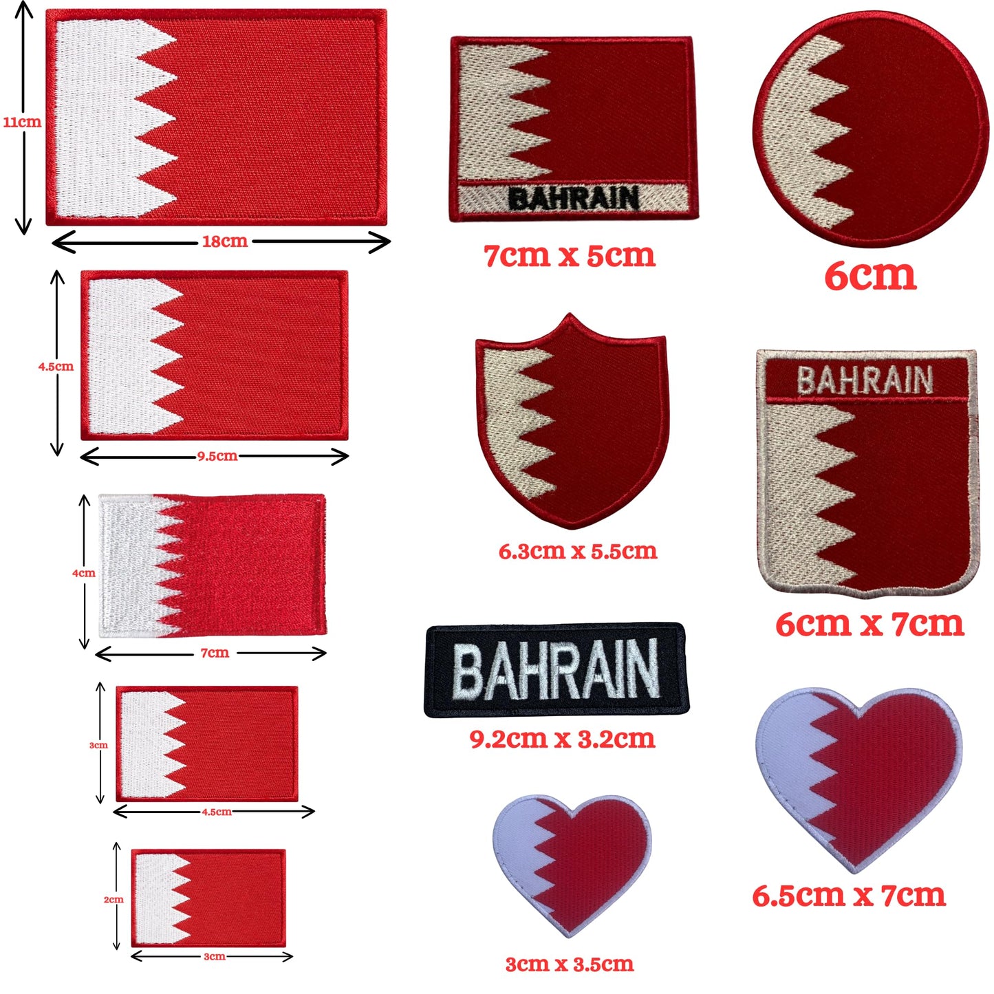 Bahrain Flag Embroidered Patches, Iron-On/Sew-On Applique, Shield, Round, Heart and Rectangle Flag Badges for Jackets, Bags, Uniforms, Various Sizes