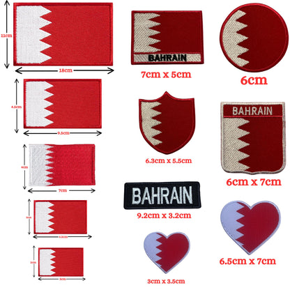Bahrain Flag Embroidered Patches, Iron-On/Sew-On Applique, Shield, Round, Heart and Rectangle Flag Badges for Jackets, Bags, Uniforms, Various Sizes
