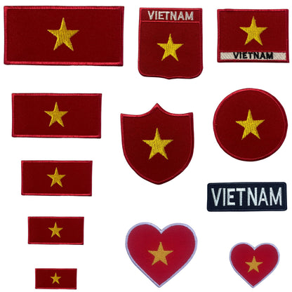 Vietnam Flag Embroidered Patch Set, Iron-On or Sew-On Applique Badges, Rectangle Shield Round Heart Shapes, for Jackets, Backpacks, Hats, Uniforms and Various Sizes