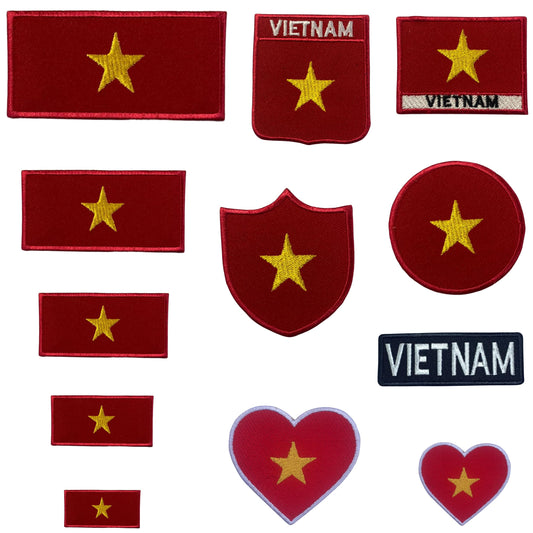 Vietnam Flag Embroidered Patch Set, Iron-On or Sew-On Applique Badges, Rectangle Shield Round Heart Shapes, for Jackets, Backpacks, Hats, Uniforms and Various Sizes