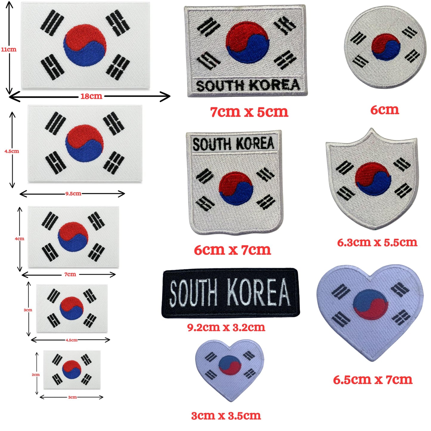 South Korea Flag Embroidered Patches, Iron-On/Sew-On Applique, Shield, Round, Heart and Rectangle Flag Badges for Jackets, Bags, Uniforms, Various Sizes