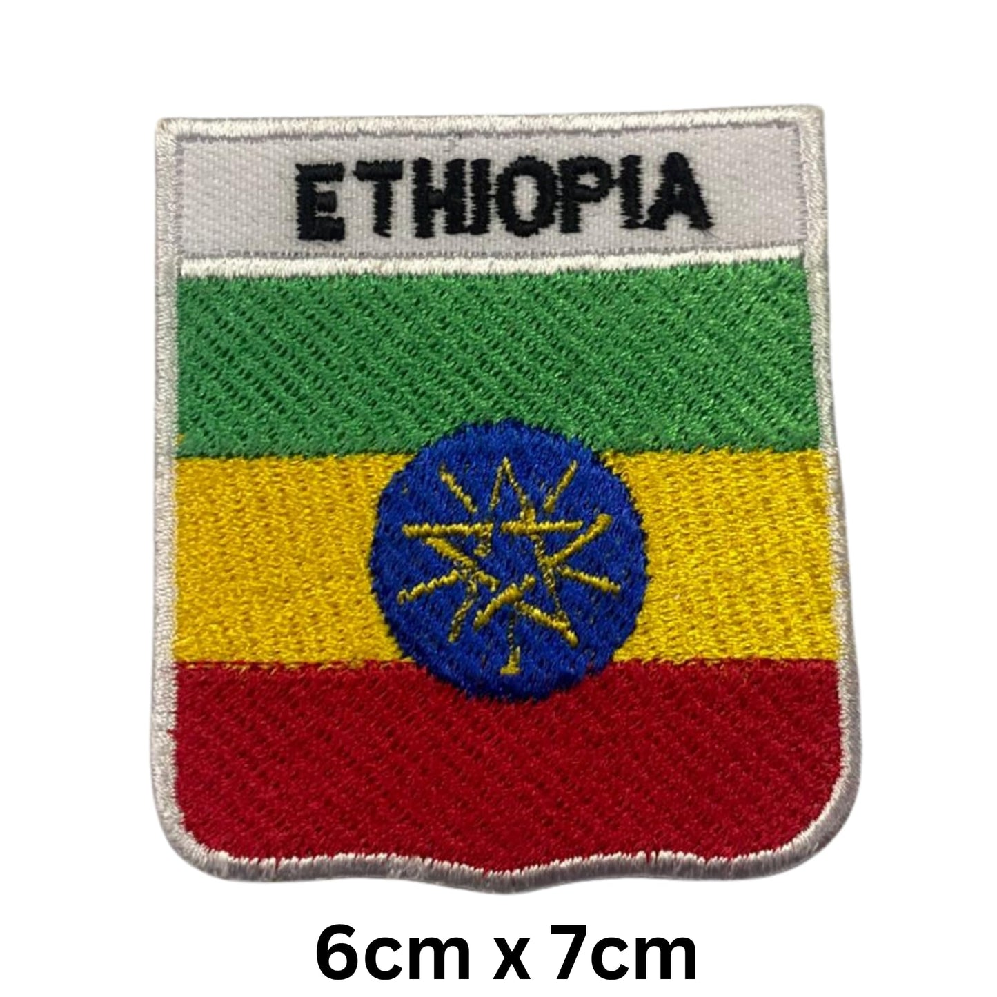 Ethiopia Flag Embroidered Patch Set, Iron-On or Sew-On Applique Badges, Rectangle Shield Round Heart Shapes, for Jackets, Backpacks, Hats, Uniforms and Various Sizes