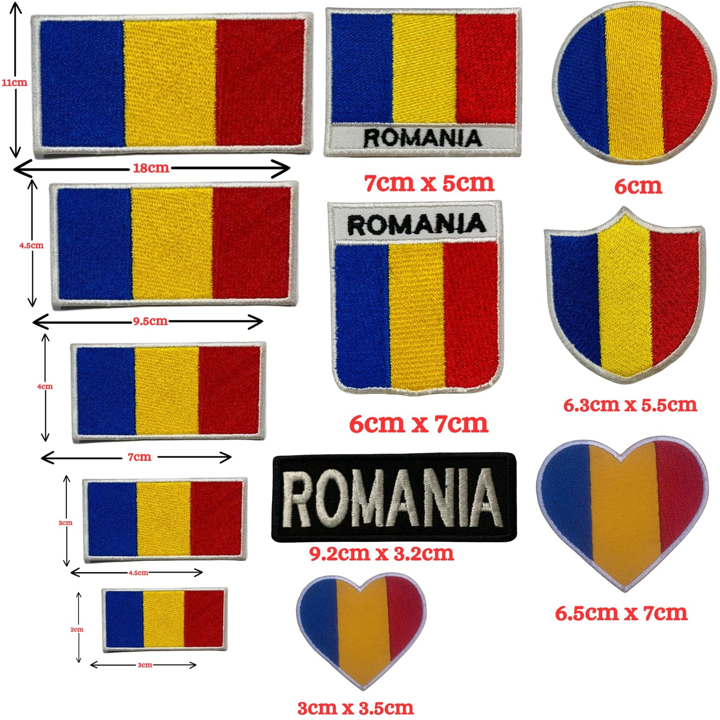 Romania Flag Embroidered Patch Set, Iron-On or Sew-On Applique Badges, Rectangle Shield Round Heart Shapes, for Jackets, Backpacks, Hats, Uniforms and Various Sizes