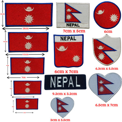 Nepal Flag Embroidered Patch Set, Iron-On or Sew-On Applique Badges, Rectangle Shield Round Heart Shapes, for Jackets, Backpacks, Hats, Uniforms and Various Sizes