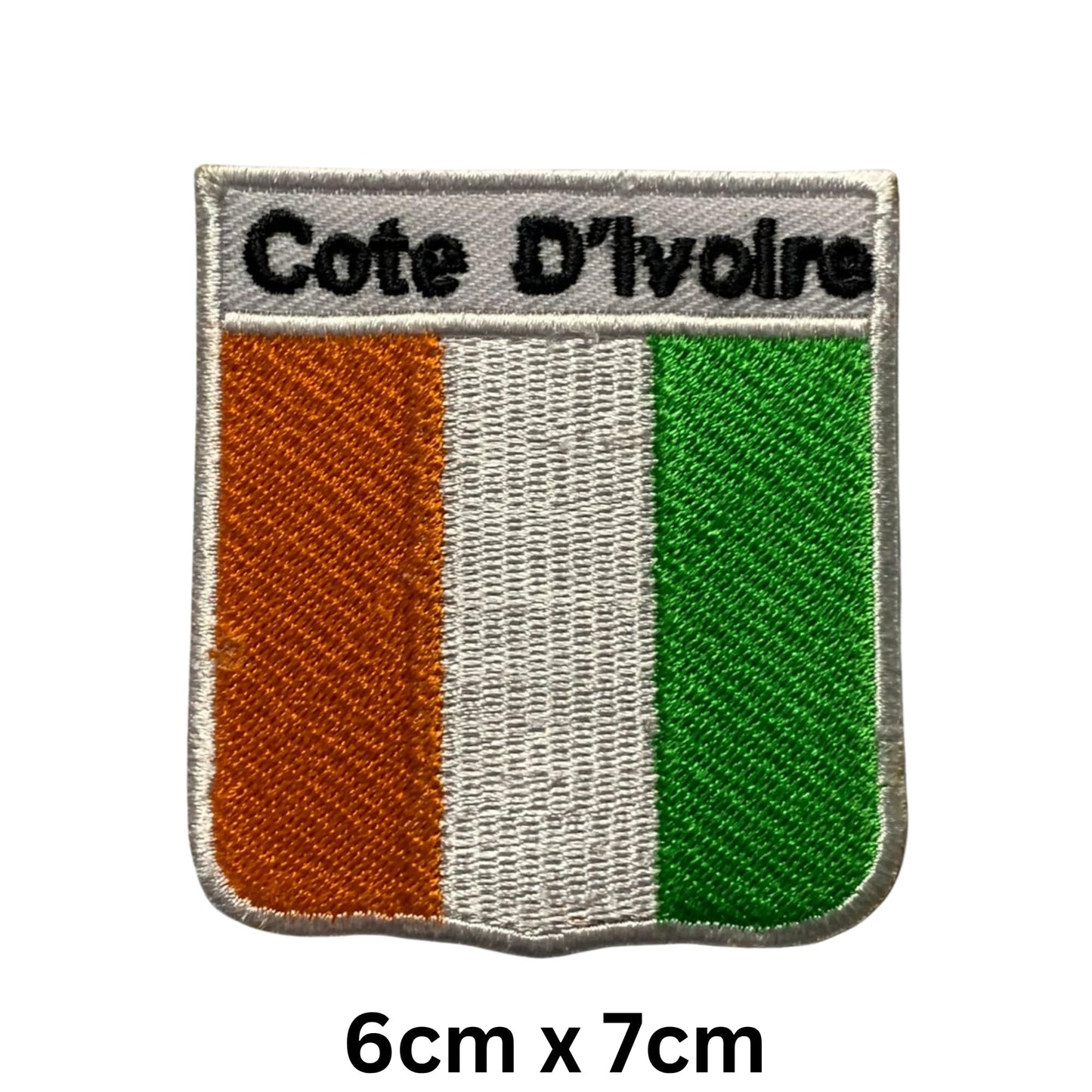 Cote D'Ivoire Flag Embroidered Patches, Iron-On/Sew-On Applique, Shield, Round, Heart and Rectangle Flag Badges for Jackets, Bags, Uniforms, Various Sizes