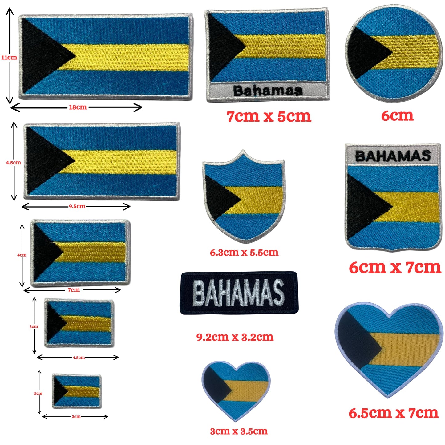 Bahamas Flag Embroidered Patches, Iron-On/Sew-On Applique, Shield, Round, Heart and Rectangle Flag Badges for Jackets, Bags, Uniforms, Various Sizes