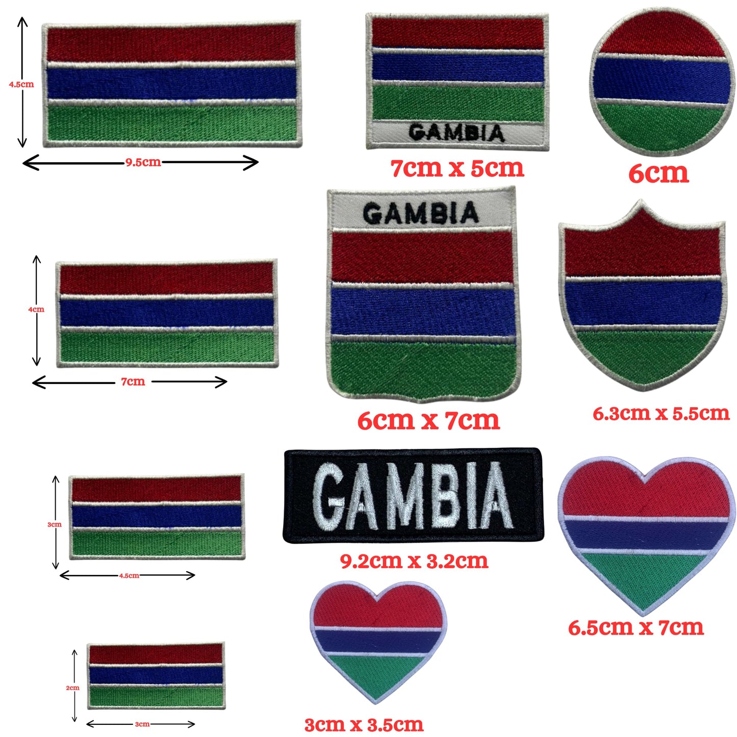 Gambia Flag Embroidered Patch Set, Iron-On or Sew-On Applique Badges, Rectangle Shield Round Heart Shapes, for Jackets, Backpacks, Hats, Uniforms and Various Sizes