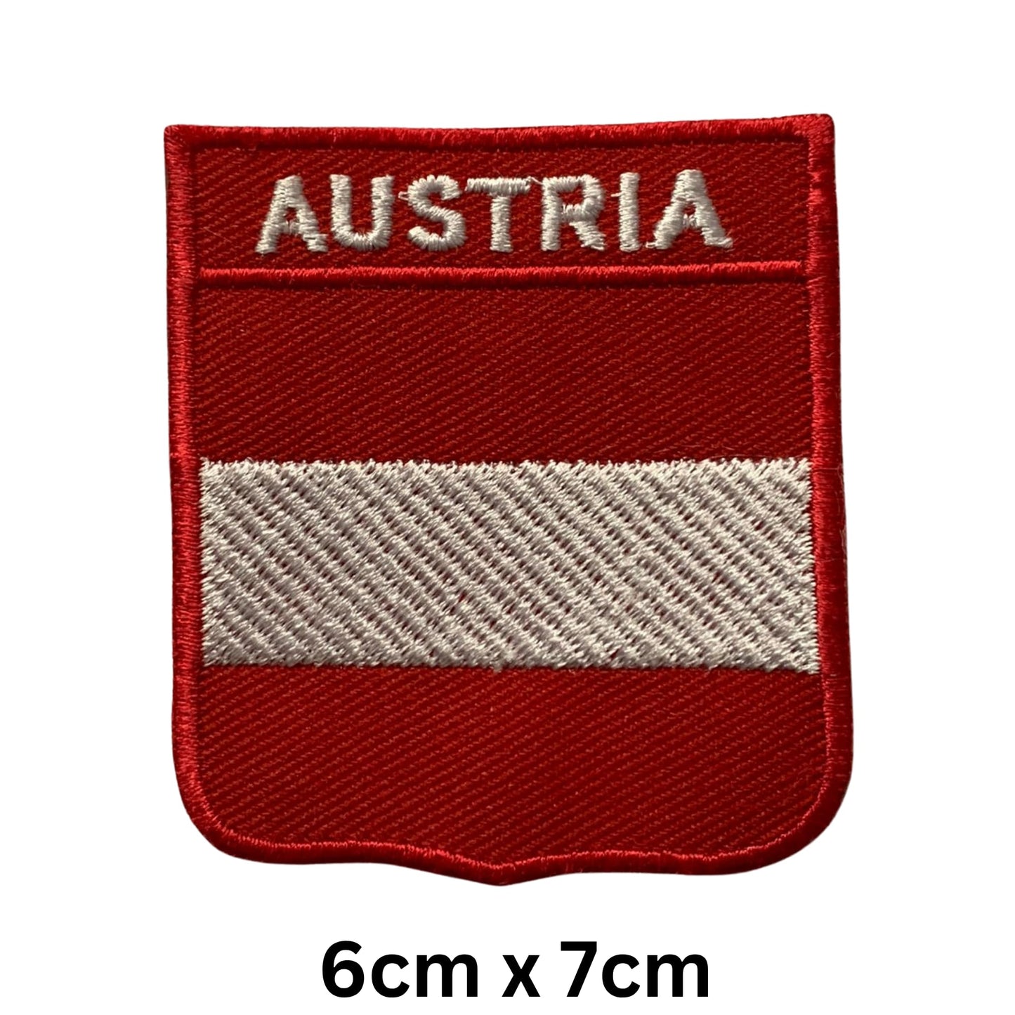 Austria Flag Embroidered Patches, Iron-On/Sew-On Applique, Shield, Round, Heart and Rectangle Flag Badges for Jackets, Bags, Uniforms, Various Sizes