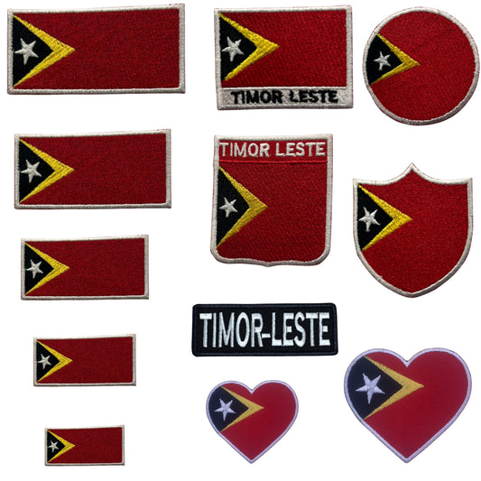 Timor Leste Flag Embroidered Patch Set, Iron-On or Sew-On Applique Badges, Rectangle Shield Round Heart Shapes, for Jackets, Backpacks, Hats, Uniforms and Various Sizes
