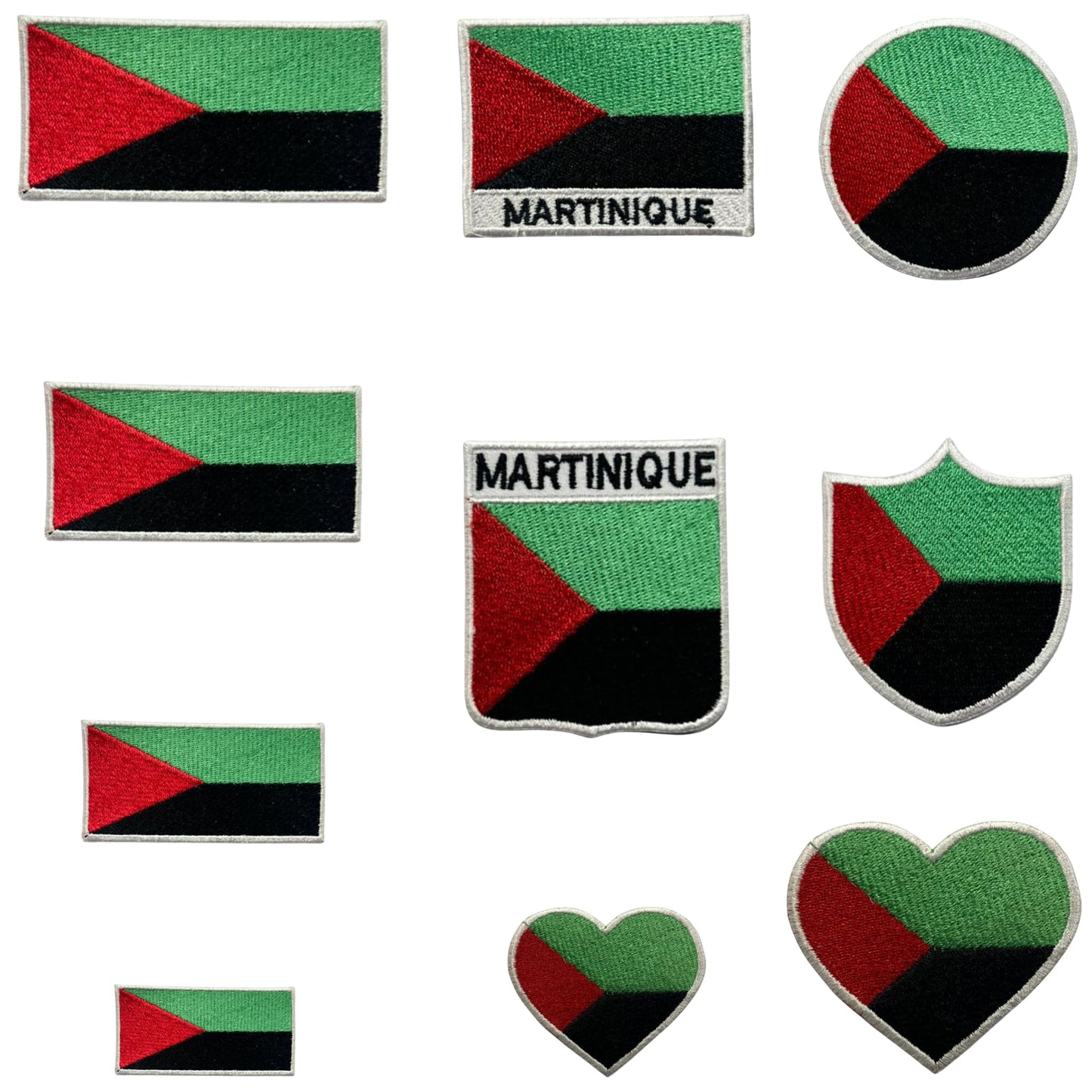 Martinique Flag Embroidered Patch Set, Iron-On or Sew-On Applique Badges, Rectangle Shield Round Heart Shapes, for Jackets, Backpacks, Hats, Uniforms and Various Sizes