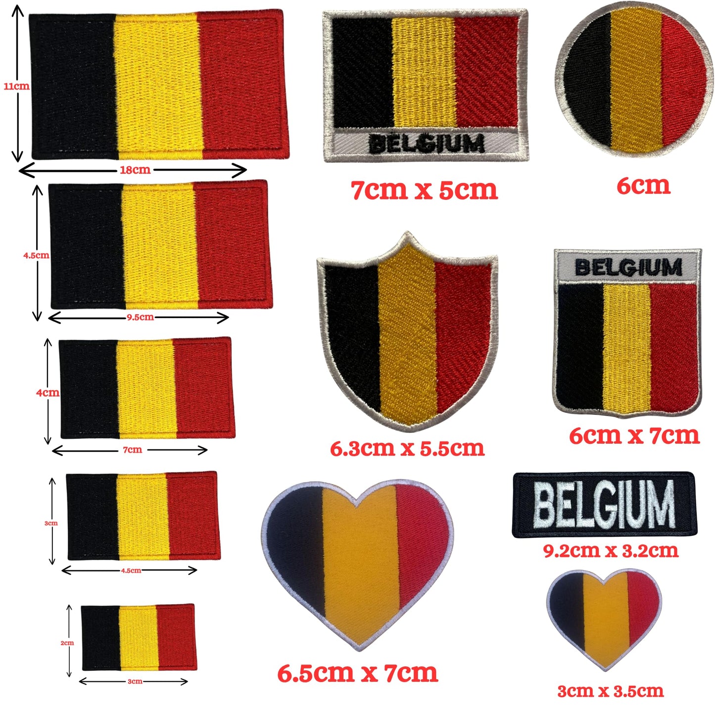Belgium Flag Embroidered Patches, Iron-On/Sew-On Applique, Shield, Round, Heart and Rectangle Flag Badges for Jackets, Bags, Uniforms, Various Sizes