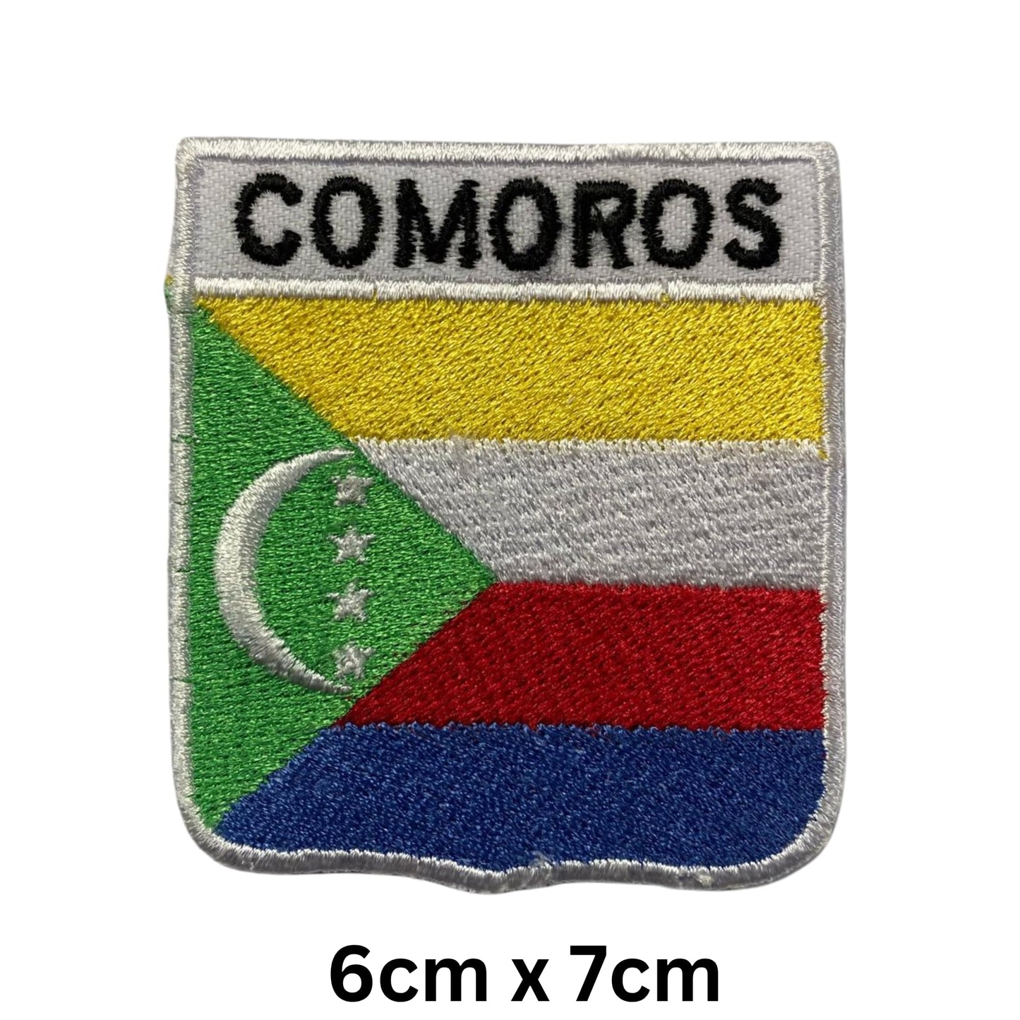 Comoros Flag Embroidered Patch Set, Iron-On or Sew-On Applique Badges, Rectangle Shield Round Heart Shapes, for Jackets, Backpacks, Hats, Uniforms and Various Sizes