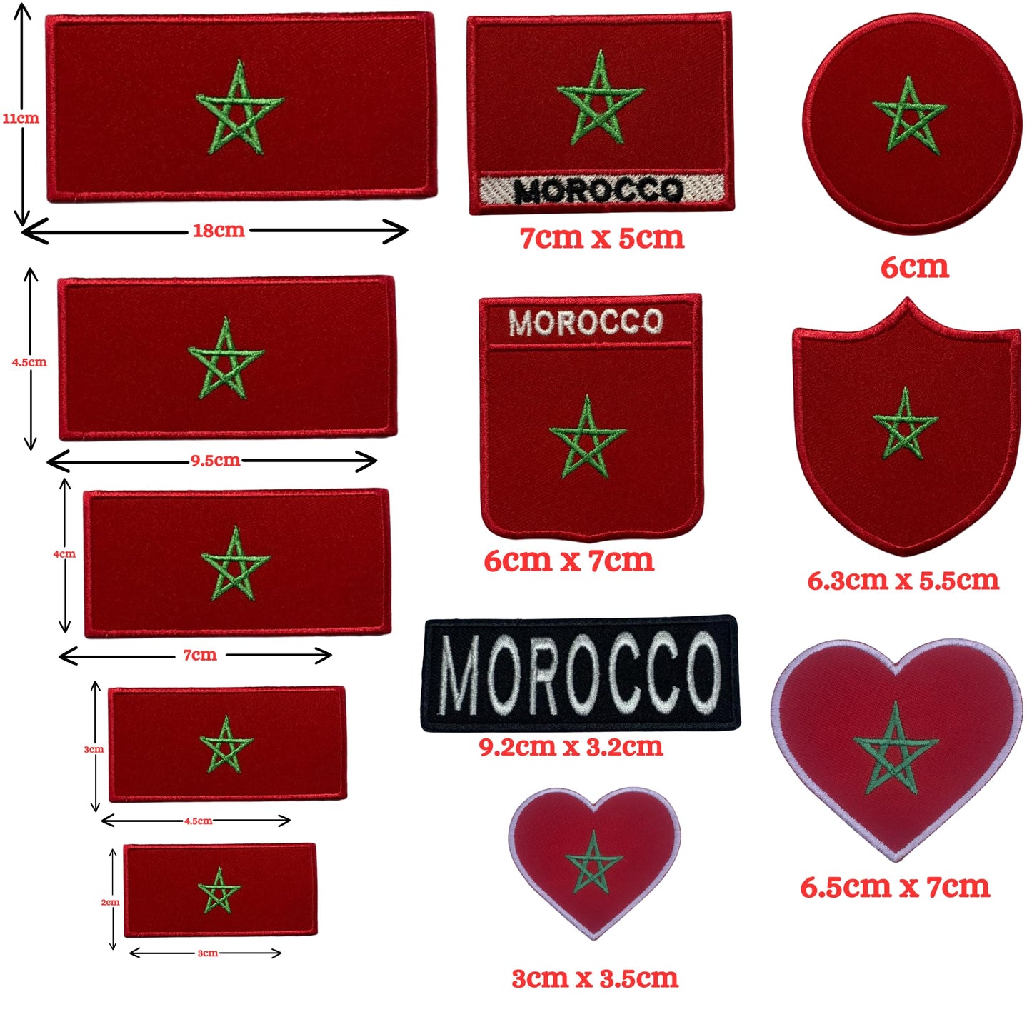 Morocco Flag Embroidered Patches, Iron-On/Sew-On Applique, Shield, Round, Heart and Rectangle Flag Badges for Jackets, Bags, Uniforms, Various Sizes