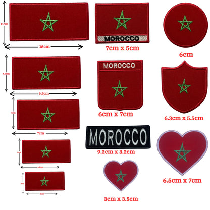 Morocco Flag Embroidered Patches, Iron-On/Sew-On Applique, Shield, Round, Heart and Rectangle Flag Badges for Jackets, Bags, Uniforms, Various Sizes