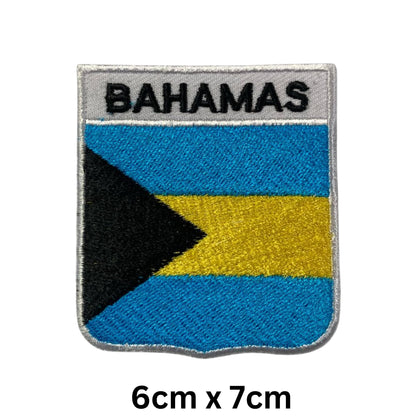 Bahamas Flag Embroidered Patches, Iron-On/Sew-On Applique, Shield, Round, Heart and Rectangle Flag Badges for Jackets, Bags, Uniforms, Various Sizes