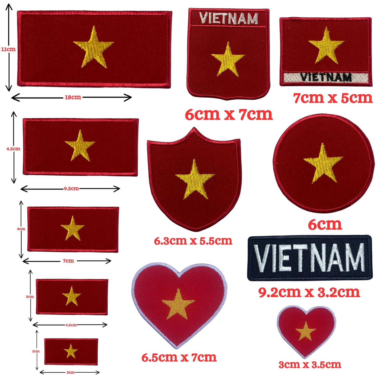 Vietnam Flag Embroidered Patch Set, Iron-On or Sew-On Applique Badges, Rectangle Shield Round Heart Shapes, for Jackets, Backpacks, Hats, Uniforms and Various Sizes
