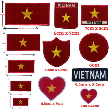 Vietnam Flag Embroidered Patch Set, Iron-On or Sew-On Applique Badges, Rectangle Shield Round Heart Shapes, for Jackets, Backpacks, Hats, Uniforms and Various Sizes